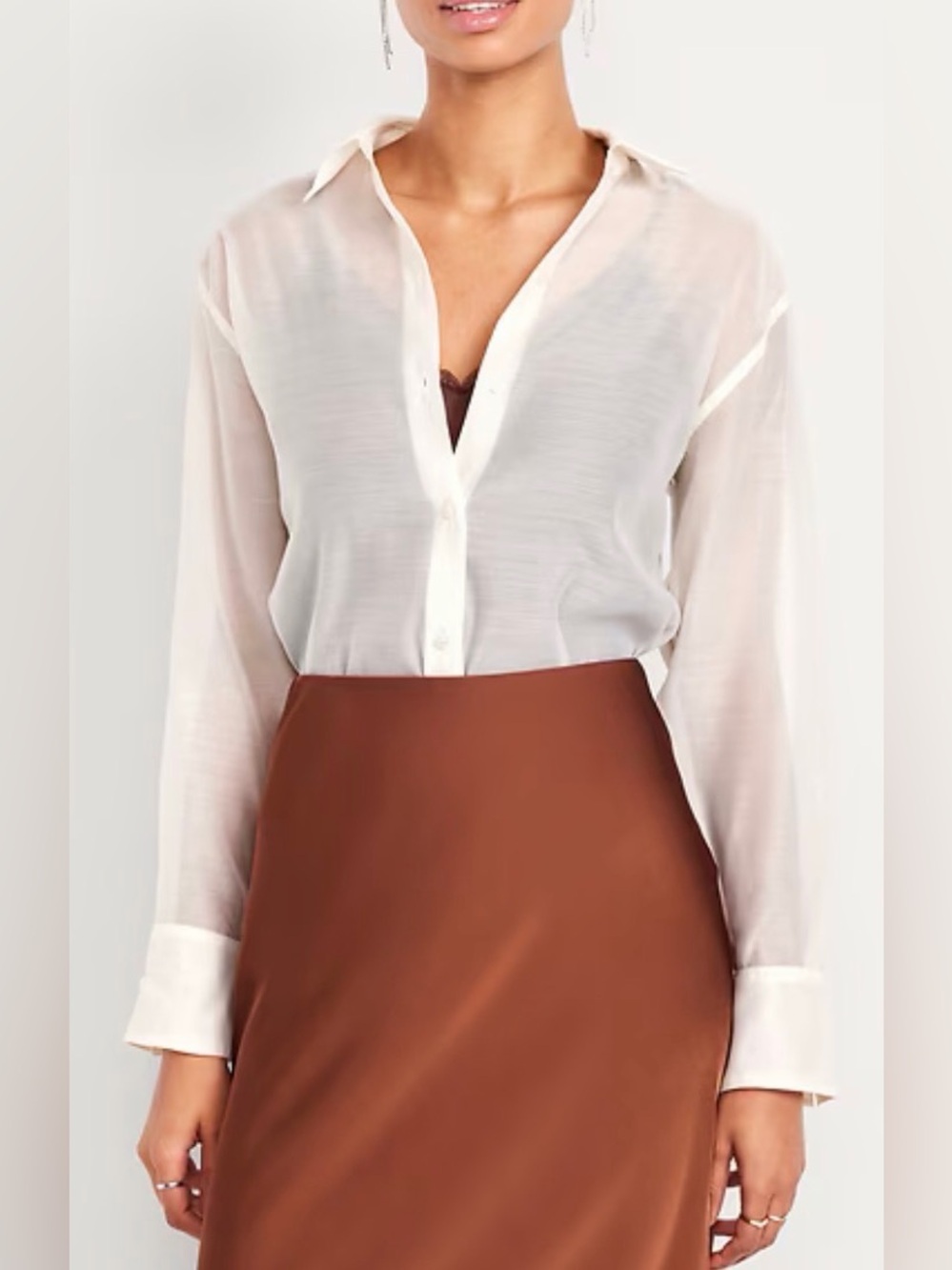 Old Navy Loose Button-Down Organza Tunic Shirt, Crème de la Crème, sz M Tall